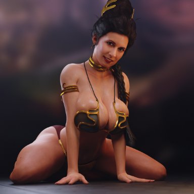 star wars, carrie fisher, princess leia organa, batesz, 1girls, breasts, female, female only, large breasts, looking at viewer, slave outfit, slavegirl, smile, solo, 3d