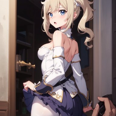 genshin impact, barbara (genshin impact), nai diffusion, stable diffusion, 1girls, ass, blonde hair, blue eyes, breasts, dress, female, from behind, hat, pantyhose, twintails