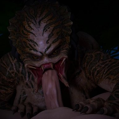 predator (franchise), female yautja, yautja, dahsharky, alien, alien girl, athletic female, balls deep, blowjob, deep throat, erection, face fucking, fellatio, human, human penetrating