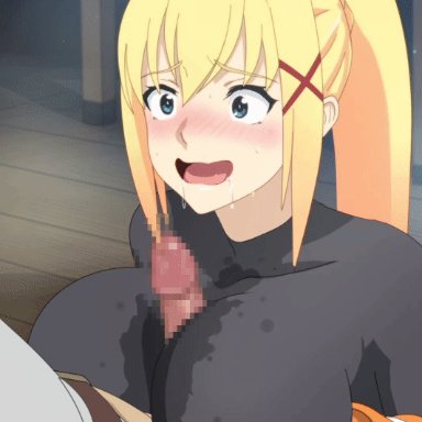 darkness (konosuba), satou kazuma, akino (artist), big breasts, blonde hair, blush, erect nipples, erect nipples under clothes, open mouth, paizuri, ponytail, animated, animated gif