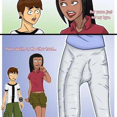 ben 10, ben tennyson, gwen tennyson, kai green, wtgoggle, 1boy, 1futa, 1girls, balls, bulge, clothed, clothing, cucked by futa, dark-skinned female, dark skin