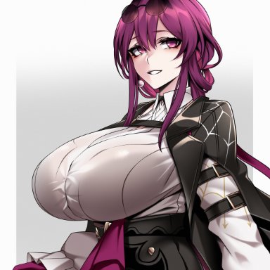 honkai: star rail, honkai (series), kafka (honkai: star rail), camui kamui, hz (666v), alternate breast size, black jacket, bra, bra visible through clothes, breasts, eyewear on head, female, from side, glass, glasses