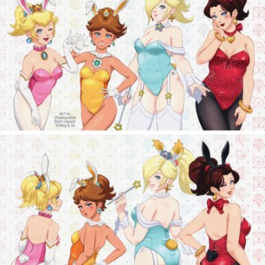 mario (series), pauline, princess daisy, princess peach, princess rosalina, 4girls, bunny girl, bunnysuit, tagme