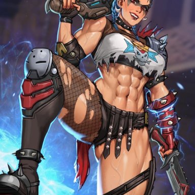 blizzard entertainment, overwatch, overwatch 2, junker queen, hiiluigi, abs, blue hair, breasts, collar, dual wielding, earrings, electricity, facepaint, female, fishnet pantyhose