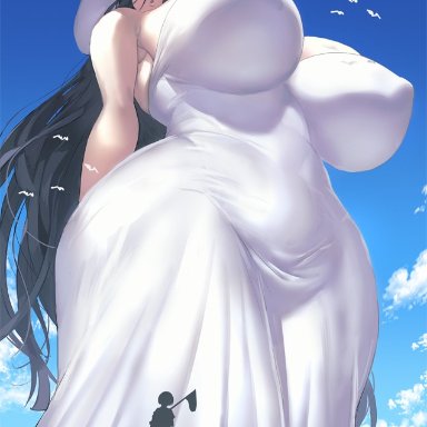 japanese mythology, hasshaku-sama, kisuu, 1girls, big breasts, breasts, female, giantess, huge breasts, light-skinned female, light skin, long hair, macro, low-angle view