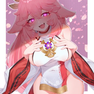 genshin impact, yae miko, cheeky, fox, fox ears, glowing eyes, kemonomimi, large breasts, open mouth, pink hair, smile, solo female, thick thighs