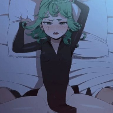 one-punch man, tatsumaki, angelyeah, 1boy, 1girls, ahe gao, bed, black dress, blush, breasts, dripping, dripping pussy, erect nipples, grabbing sheets, green hair