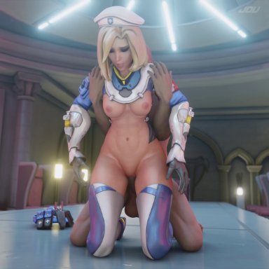 activision, blizzard entertainment, overwatch, overwatch 2, angela ziegler, combat medic ziegler, mercy, jdv, 1boy, 1girls, alternate costume, blonde hair, blonde hair female, clothed female nude male, clothed sex