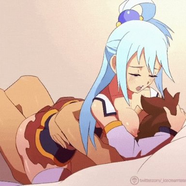 aqua (konosuba), icecreamteam, 1boy, ass, ass shake, bare shoulders, blinking, blue eyes, blue hair, blush, bouncing ass, bouncing breasts, breast smother, breasts on face, cleavage