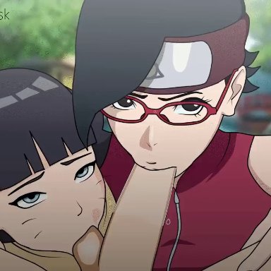 boruto: naruto next generations, naruto, naruto (series), sarada uchiha, uzumaki himawari, solodusk57, 1boy, 2girls, bare shoulders, black eyes, black hair, blue eyes, blunt bangs, facial mark, fellatio