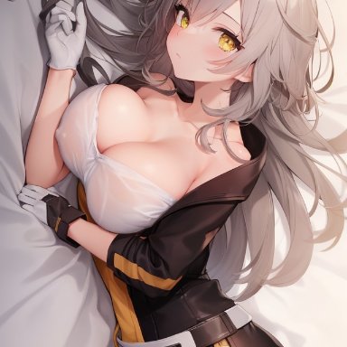 honkai: star rail, honkai (series), stelle (honkai: star rail), zirend, 1girls, blush, bra, breasts, collarbone, gloves, gray hair, large breasts, long hair, looking at viewer, lying