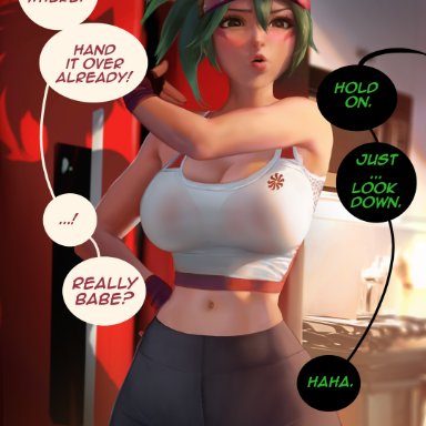 overwatch, genji, kiriko (overwatch), sakimichan, big breasts, hourglass figure, thick thighs, text bubble