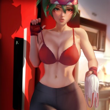 overwatch, overwatch 2, kiriko (overwatch), sakimichan, 1girls, alternate ass size, alternate body type, alternate breast size, alternate hairstyle, asian female, belly, belly button, big breasts, black leggings, black legwear