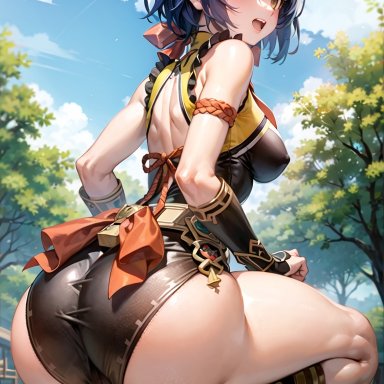 genshin impact, xiangling (genshin impact), yuki diffusion, ass, ass focus, bare shoulders, blue hair, blush, boots, breasts, cameltoe, chinese clothes, female, fingerless gloves, from behind