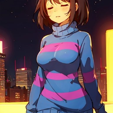 undertale, undertale (series), female frisk (undertale), frisk, frisk (undertale), protagonist (undertale), pixai, bob hair, brown hair, city background, closed eyes, female, female human, female only, night