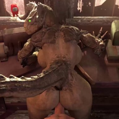 among us, bethesda softworks, fallout, innersloth, crewmate (among us), deathclaw, pervertguy341, ambiguous penetration, anthro, anthro penetrated, ass, athletic female, back boob, bouncing breasts, breasts