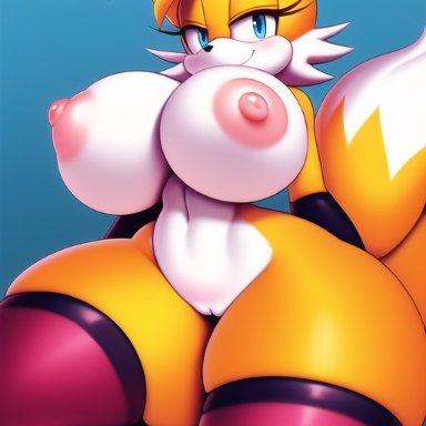 original, original artwork, sonic (series), sonic the hedgehog (series), miles prower, tails, tailsko, gakapin, 1girls, anthro, areolae, ass, bedroom eyes, blue eyes, breasts