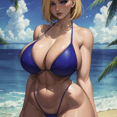 dragon ball z, android 18, schneed64, stable diffusion, 1girls, blonde hair, curvy body, curvy female, curvy figure, female, female only, huge breasts, looking at viewer, short hair, solo