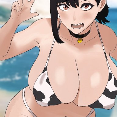 chainsaw man, higashiyama kobeni, za barro, 1girls, armpits, big breasts, bikini, black hair, cow bikini, cow print, cow print bikini, female, female focus, female only, huge breasts