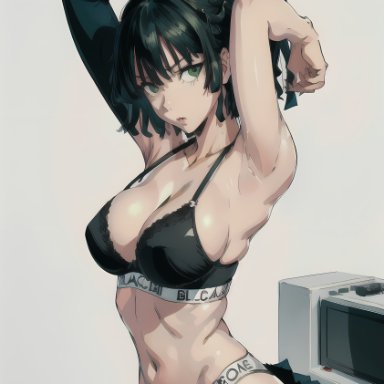 blacked, one-punch man, fubuki (one-punch man), stable diffusion, 1girls, belly, bellyruka, blacked clothing, bra, green eyes, green hair, large breasts, panties, stripping, undressing