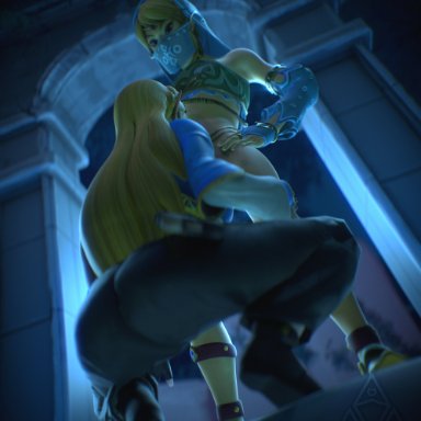 breath of the wild, nintendo, the legend of zelda, link, link (breath of the wild), princess zelda, zelda (breath of the wild), netcrum, 1boy, 1girls, armor, armwear, ass, big ass, blonde hair