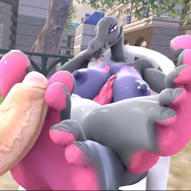 pokemon, pok&#233;mon (species), salazzle, rayhuma, 1futa, ambiguous gender, anthro, big breasts, diphallia, diphallism, disembodied penis, foot fetish, footjob, furry, futanari