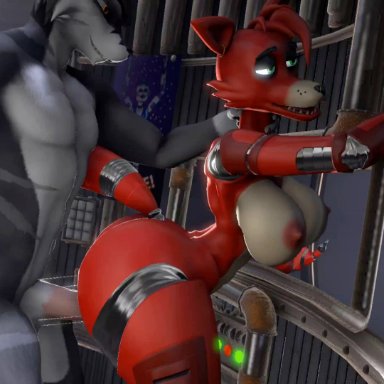 five nights at freddy's, scottgames, foxy (fnaf), whiterabbit3d, anthro, anthro on anthro, anthro penetrated, anthro penetrating, anthro penetrating anthro, asphyxiation, ass, big butt, bouncing breasts, bouncing butt, breasts