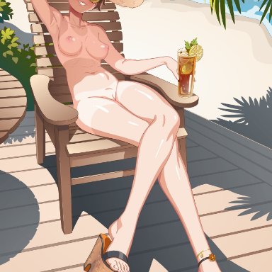 overwatch, overwatch 2, tracer, hard-degenerate, aviator sunglasses, beach, beach chair, beach hat, brown-tinted eyewear, crossed legs, drink, fully nude, pale skin, smirk, sunglasses