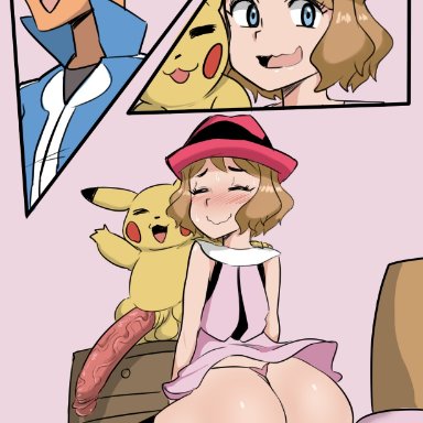 pokemon, pikachu, satoshi (pokemon), serena (pokemon), reach025, big ass, big penis, female, thong