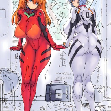 neon genesis evangelion, asuka langley sohryu, rei ayanami, mogudan, 2girls, ass, backboob, big ass, big breasts, bimbo, blue hair, blush, bodysuit, breasts, cameltoe