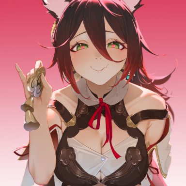 honkai: star rail, tingyun (honkai: star rail), serelith, 1girls, bare shoulders, bell, bent over, big breasts, brown hair, cleavage, fox ears, fox girl, gradient background, green eyes, hair between eyes