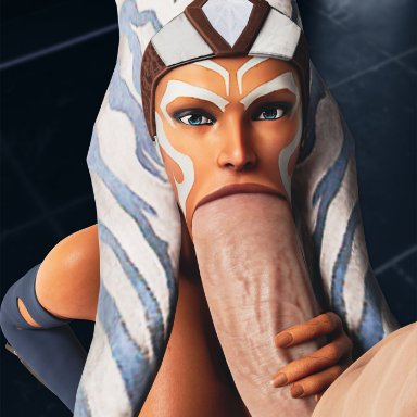 star wars, ahsoka tano, milkjuggz, thickhoney, 1boy1girl, alien, alien girl, athletic female, big breasts, big penis, blowjob, blowjob face, blue eyes, dark-skinned female, facepaint