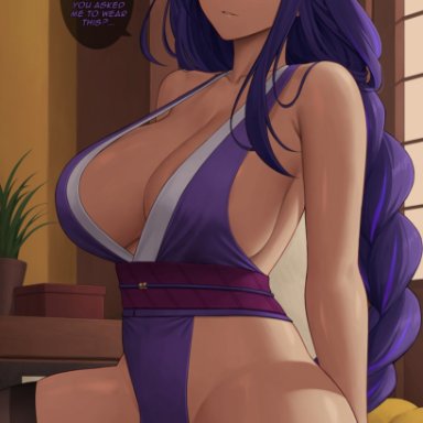 genshin impact, raiden shogun, zaphn, 1girls, breasts, cleavage, female, hips, huge breasts, indoors, light-skinned female, light skin, long hair, looking at viewer, naughty face