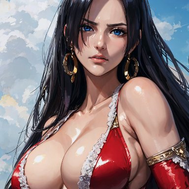 one piece, boa hancock, tiaoppai, 1girls, bare shoulders, big breasts, black hair, blue eyes, breasts, clothed, clothing, cloud, clouds, earrings, eyebrows