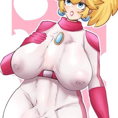 mario (series), super mario bros. (2023 film), princess peach, anestesiaz, 1futa, autopaizuri, autopaizuri under clothes, balls, big balls, big breasts, blonde hair, blue eyes, bodysuit, breasts, bulge