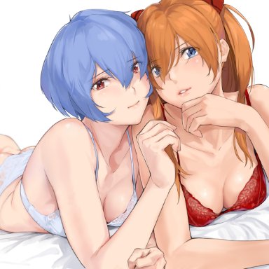 neon genesis evangelion, pixiv, asuka langley sohryu, ayanami rei, rei ayanami, souryuu asuka langley, yamaishi108, yamaishi (mukoubuti), 2girls, ass, asuka langley, bangs, bare shoulders, barefoot, blue eyes