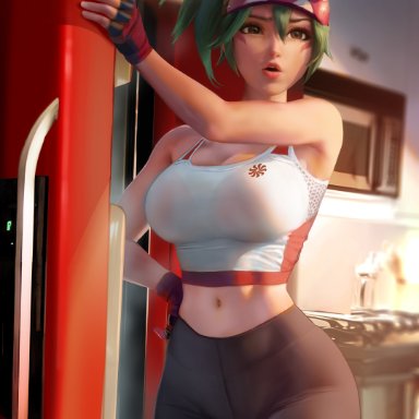 overwatch, overwatch 2, kiriko (overwatch), sakimichan, 1girls, alternate ass size, alternate body type, alternate breast size, alternate hairstyle, asian female, belly, belly button, big breasts, black leggings, black legwear