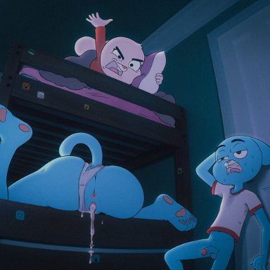 cartoon network, the amazing world of gumball, anais watterson, gumball watterson, nicole watterson, drockdraw, 3d background, age difference, anthro, anus, bed, bedroom sex, bodily fluids, bottomless, bottomless male