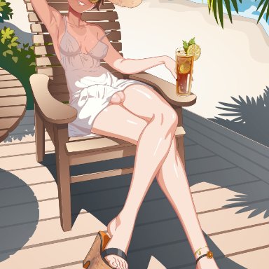 overwatch, overwatch 2, tracer, hard-degenerate, 1futa, areolae, aviator sunglasses, balls, beach, beach chair, beach hat, bottomless, breasts, brown-tinted eyewear, brown hair