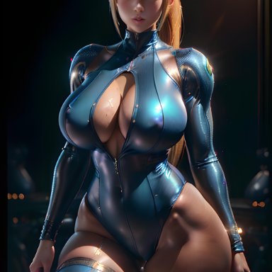 nintendo, samus aran, zero suit samus, stable diffusion, big areola, big ass, big breasts, big butt, big nipples, blonde hair, blush, bodysuit, cleavage, cleavage cutout, depth of field