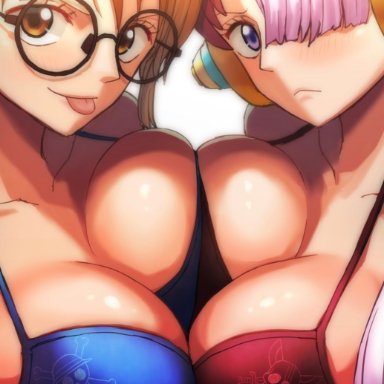 one piece, nami, uta (one piece), didd ley, 2girls, big breasts, bikini, blue eyes, breast press, busty, cleavage, glasses, large breasts, looking at viewer, multiple girls