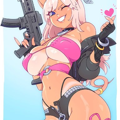 original character, kajinman, 1girls, belly, blue background, bra, bracelet, bracelets, breasts, clothed, clothing, eyebrows visible through hair, gun, heart, jacket