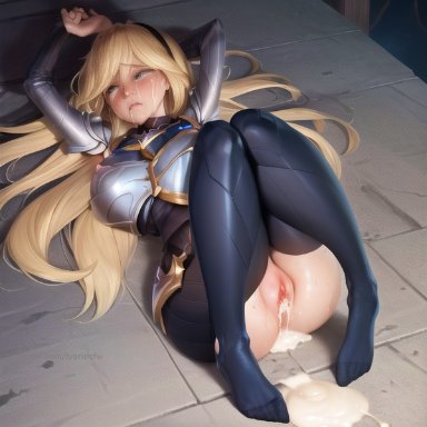 league of legends, luxanna crownguard, stable diffusion, after sex, bodysuit, breasts, crying, cum, cum in pussy, defeated, feet, legwear, lying, on back, rape