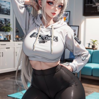 stable diffusion, 1girls, curvy body, curvy female, female focus, female only, huge breasts, long hair, looking at viewer, ponytail, solo female, voluptuous female, white hair, ai generated