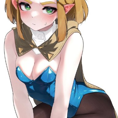 breath of the wild, tears of the kingdom, the legend of zelda, princess zelda, zelda (breath of the wild), hizake, blonde hair, blush, bunnysuit, cape, cleavage, green eyes, latex, leotard, pantyhose