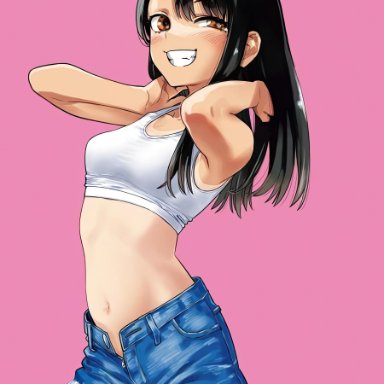 please don't bully me, nagatoro, hayase nagatoro, 1girls, armpit, arms behind head, arms up, belly, belly button, black hair, blue bottomwear, blush, brown eyes, crop top, denim shorts, female