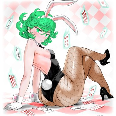 one-punch man, tatsumaki, mogudan, 1girls, ass, bunny girl, bunnysuit, female, female only, legs crossed, sexy, small breasts, tomy arts, colored