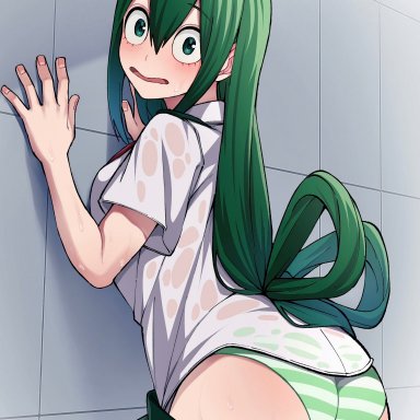 my hero academia, tsuyu asui, kobaji, ass, female, green eyes, green hair, looking at viewer, panties, schoolgirl uniform, shimapan, skirt down, striped panties, underwear, wet clothes