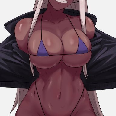 my hero academia, miruko, rumi usagiyama, shadertoons, 1girls, animal ears, bikini, breasts, bunny ears, dark-skinned female, eyelashes, female only, flashing, large breasts, long hair