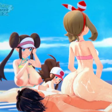 koikatsu, nintendo, pokemon, pokemon masters, pokemon masters ex, hilda (pokemon), may (pokemon), rosa (pokemon), 1boy, 3girls, ass, aura (pok&#233;mon), barefoot, beach, bikini